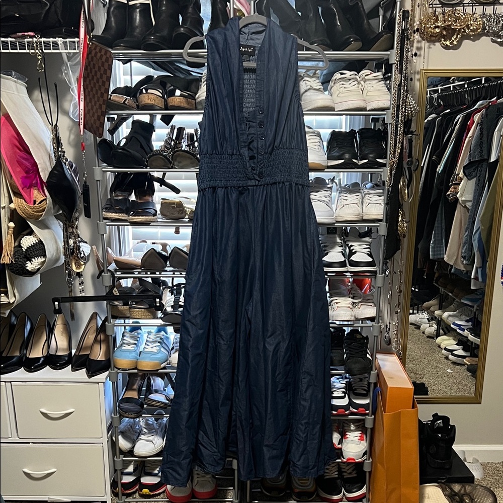 Sleeveless Light Weight Denim Romper with Smocked Waist.